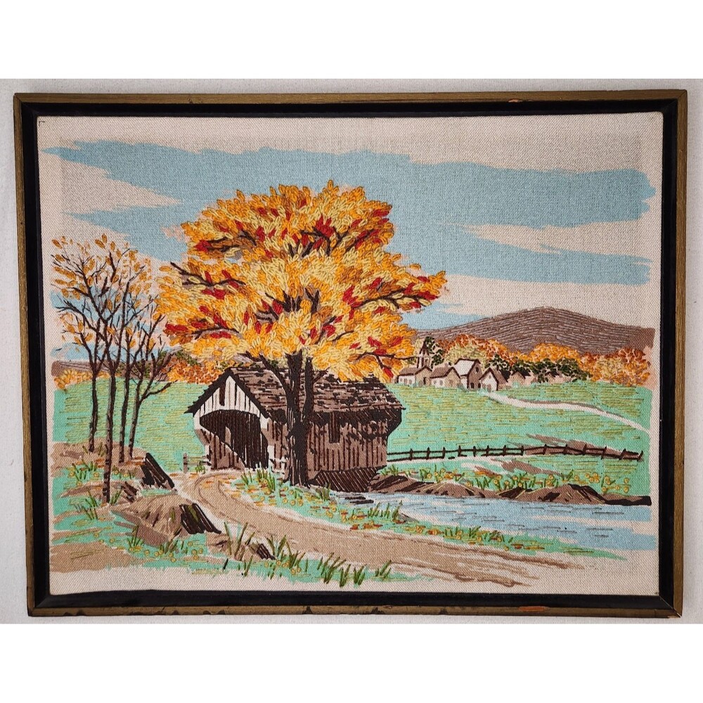 Vintage Framed Crewel Embroidery Wall Art Fall Country Covered Bridge Theme